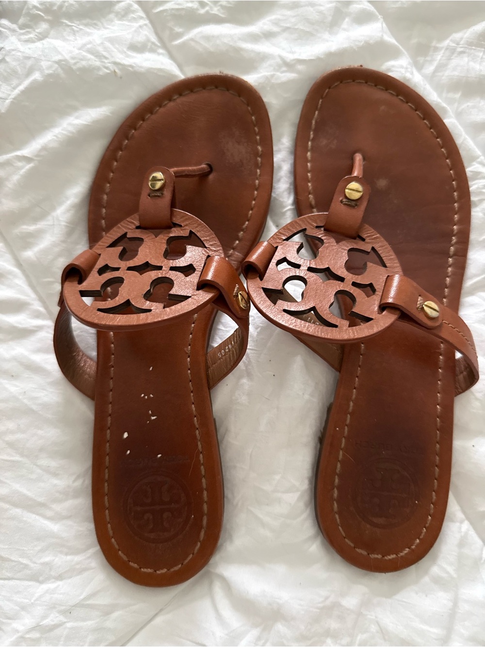 Tory Burch Brown Miller Logo Leather Thong Sandals